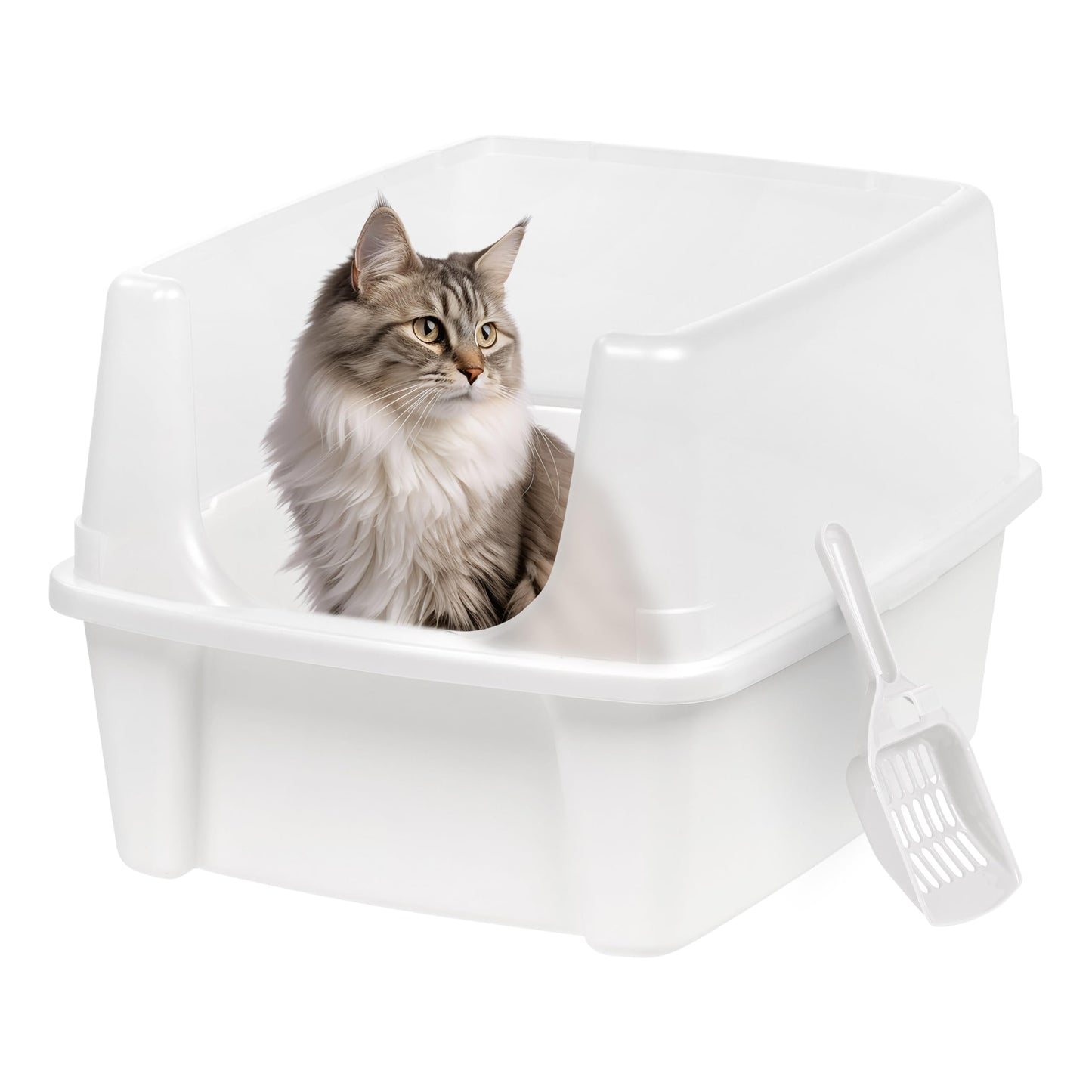 Iris Ohyama Cat Litter Tray with Scoop, Grey, Easy to Clean, Cat Litter Box, Detachable Spill Preventing Walls, For Kittens, Adult Cats, Rabbits, BPA Free, Open Top, Modern, CLH-12