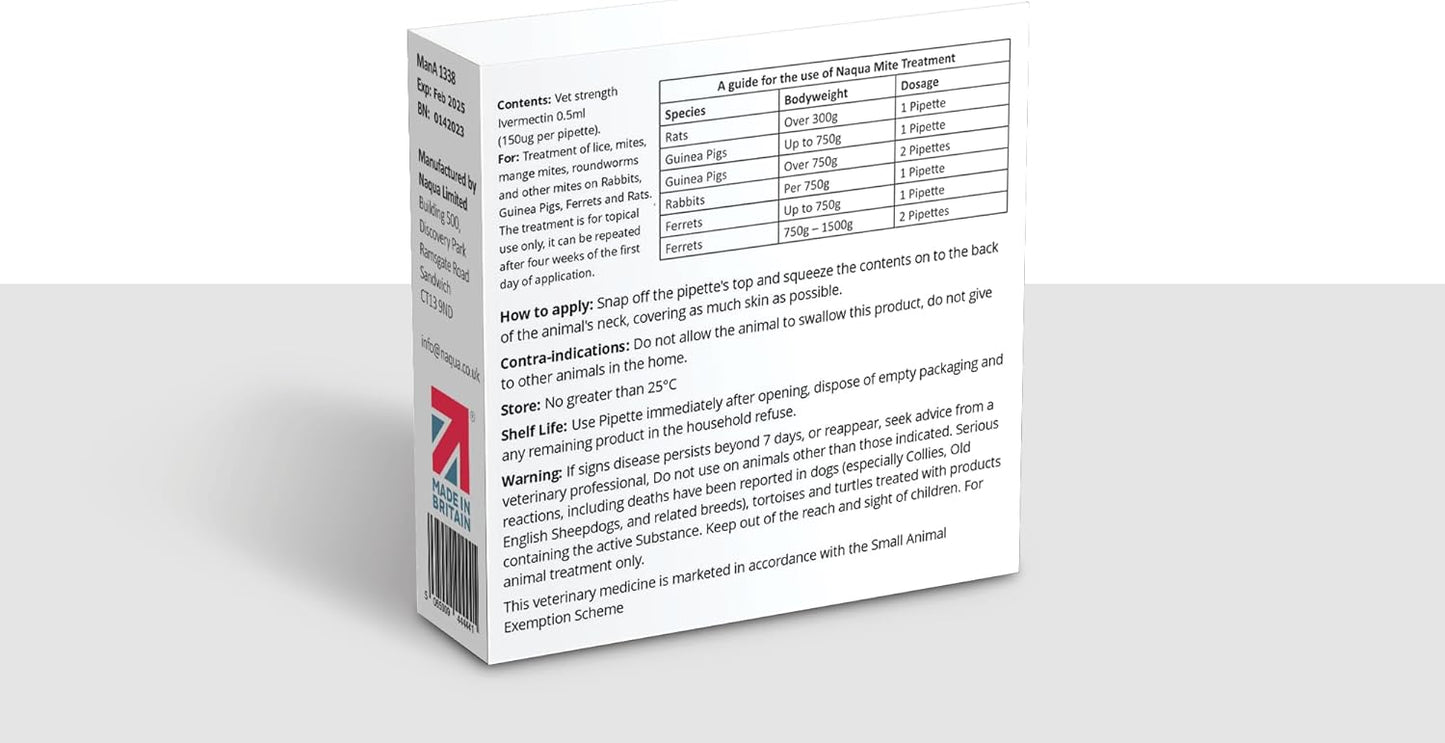 Naqua - 2 x VET STRENGTH - Anti-Parasite Spot On Pipettes. Treatment for Rabbits, Ferrets, Guinea Pigs, Rats & Chinchilla. Kills fleas, lice, mange mites (2 Pipettes)