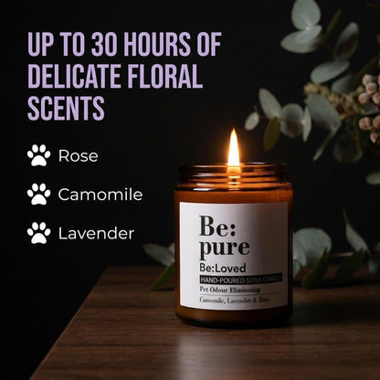 Be:Loved - Be:Pure Pet & Dog Odour Eliminating Scented Candle - Natural Soy & Beeswax with Lavender & Camomile - Soy Candle, Candle Gift - 150ml, 30 Hours Burn Time