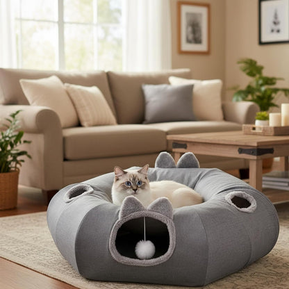 Odoland Cat Tunnel with Bed, Foldable Large Pet Donut Tunnel Bed in Linen