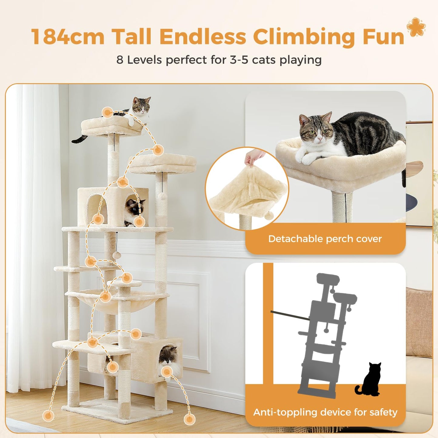 PAWZ Road Cat Tree for Large Cats, 184cm Tall Cat Tower with Large Condo