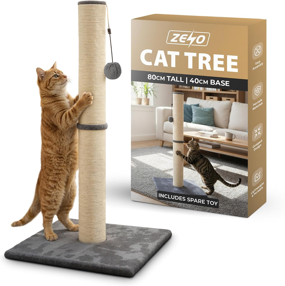 Rex & Roxy Cat Scratching Post 80CM | Tall Sisal Scratch Pole For Indoor Cats | Plush Base Cat Tower With Hanging Toy | Strong Post For Kittens And Large Breeds