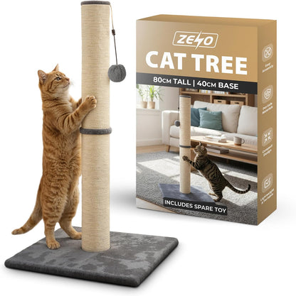 Rex & Roxy Cat Scratching Post 80CM | Tall Sisal Scratch Pole For Indoor Cats | Plush Base Cat Tower With Hanging Toy | Strong Post For Kittens And Large Breeds