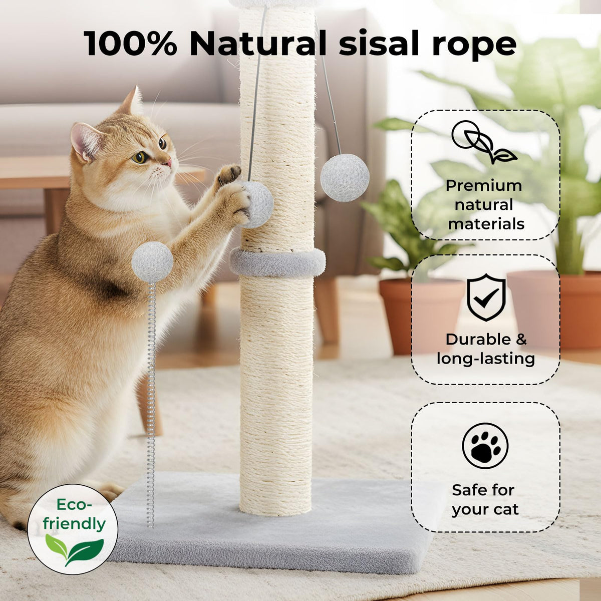 skylos 71cm Cat Scratching Post with Plush Resting Platform Natural Sisal,Anti-Tip,Easy Assembly,Grey