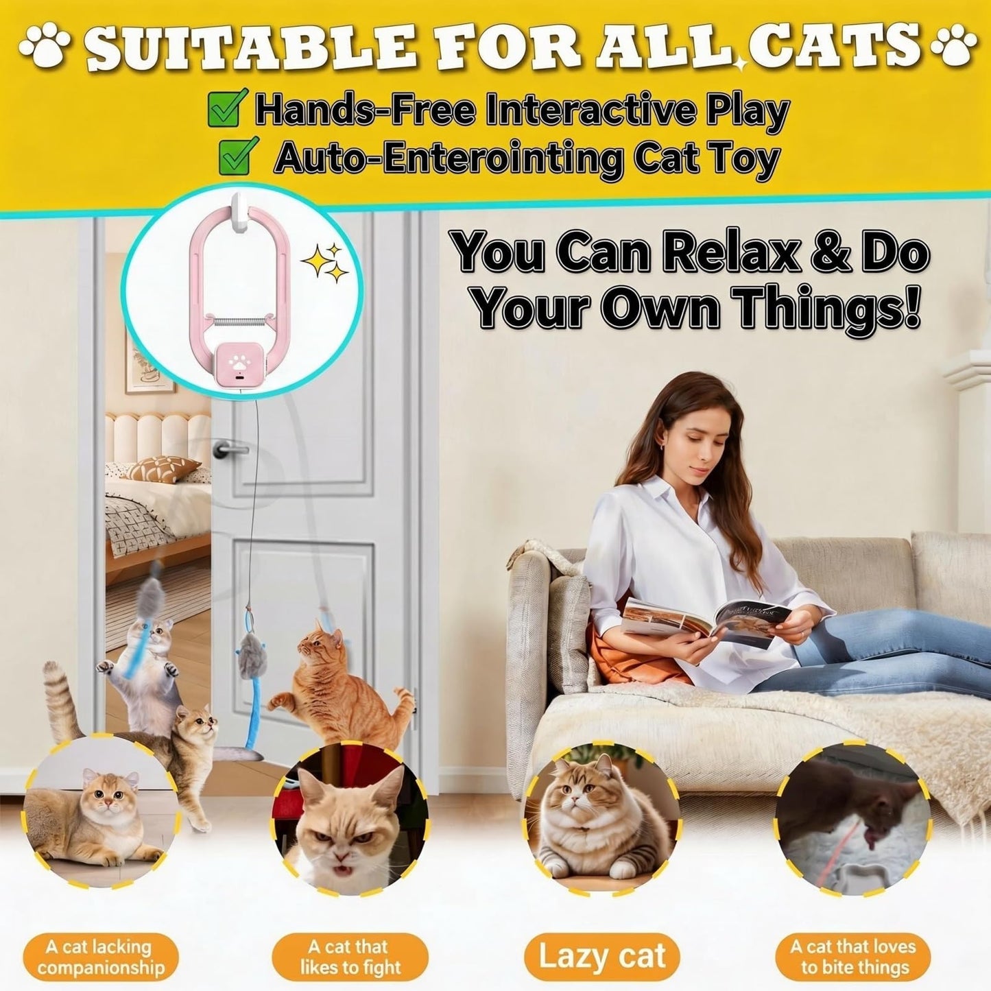 Interactive Cat Toy, Electric Cat Teaser, Door Clip, 2 Motion Modes,grey