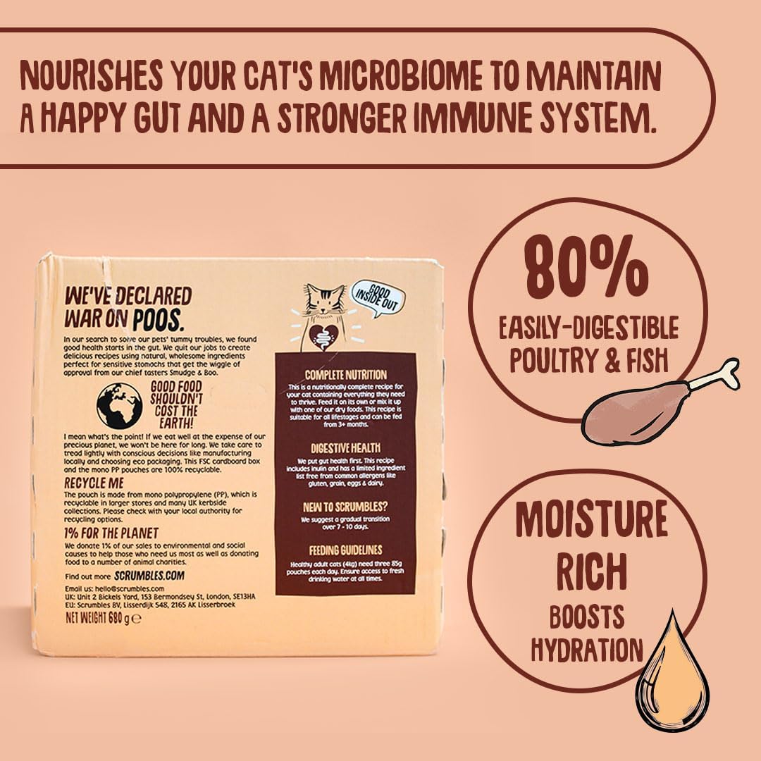 Scrumbles • Wet Cat Pouches • Gravy Fish • Hypoallergenic • All Lifestages • 2x Chicken with Tuna • 3x Chicken with Cod • 2xChicken with Salmon • 8 Pouches (85g) • 80%+ Meat • Prebiotics