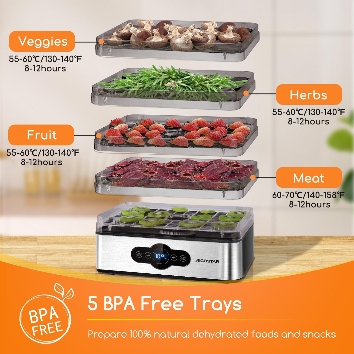 Aigostar 5 Tier Food Dehydrator, 240W Food Dryer Machine with 99 H-Timer, 35-70℃ Temperature Adjustable and LED Display for Drying Fruit, Meat, Vegetable, Jerky and Pet Treat, BPA Free - Crispy 12YXA