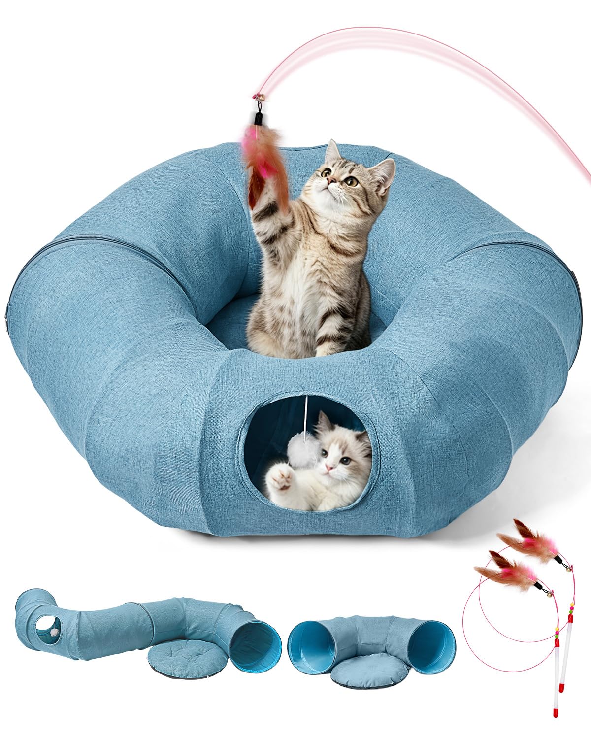 Odoland Cat Tunnel with Bed, Foldable Large Pet Donut Tunnel Bed in Linen