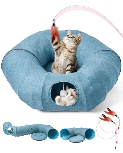 Odoland Cat Tunnel with Bed, Foldable Large Pet Donut Tunnel Bed in Linen