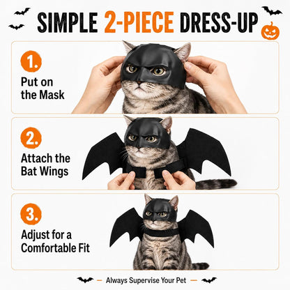 Halloween Cat Costume Bat Wings & Mask Pet Costume Accessory 2Pcs (Black)