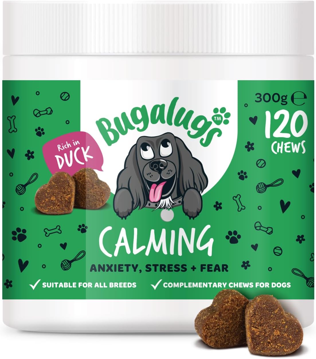 BUGALUGS Calming Treats for Dogs - Helps Stress, Fear, Barking, Reactivity, Aggression, Travel – 120 chews