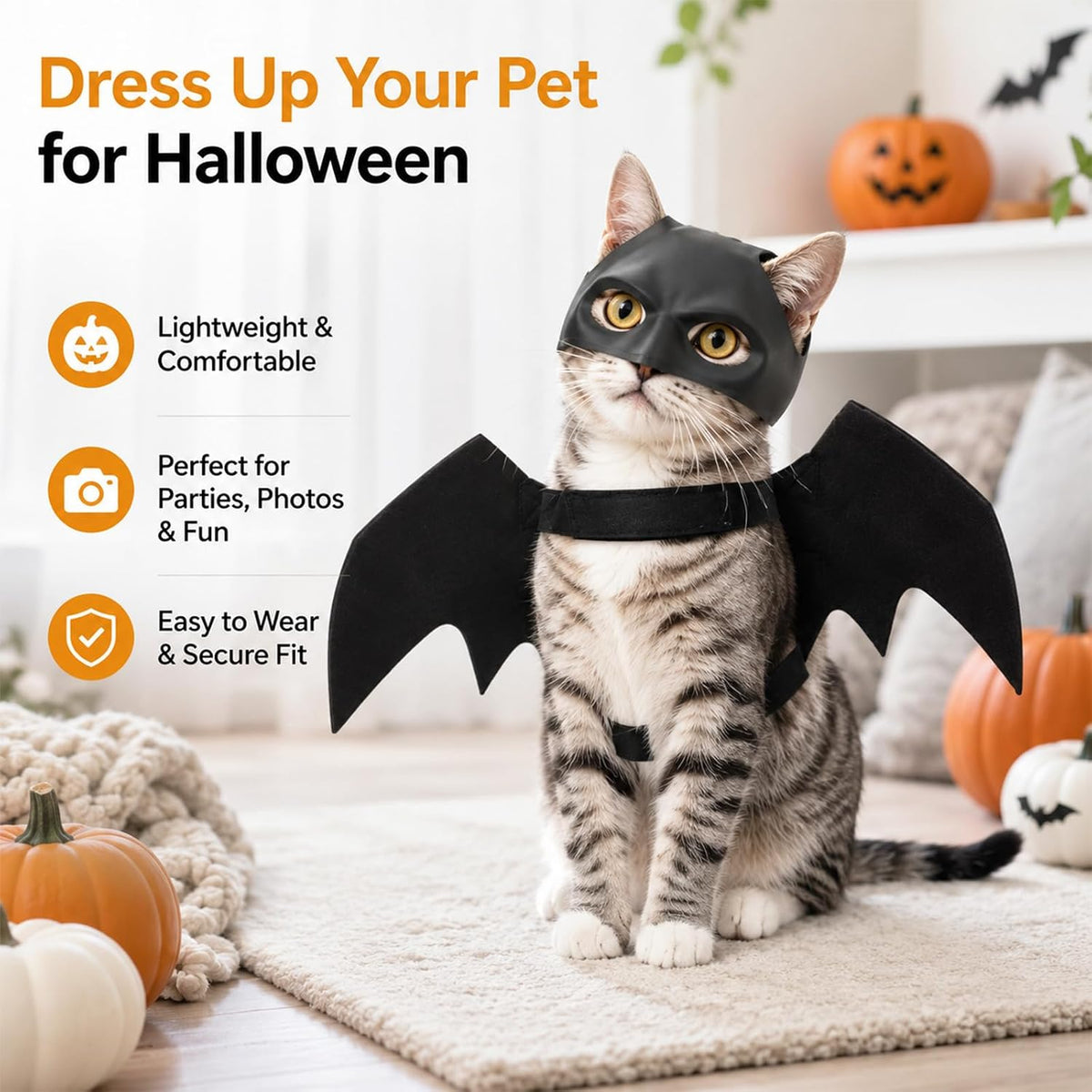 Halloween Cat Costume Bat Wings & Mask Pet Costume Accessory 2Pcs (Black)