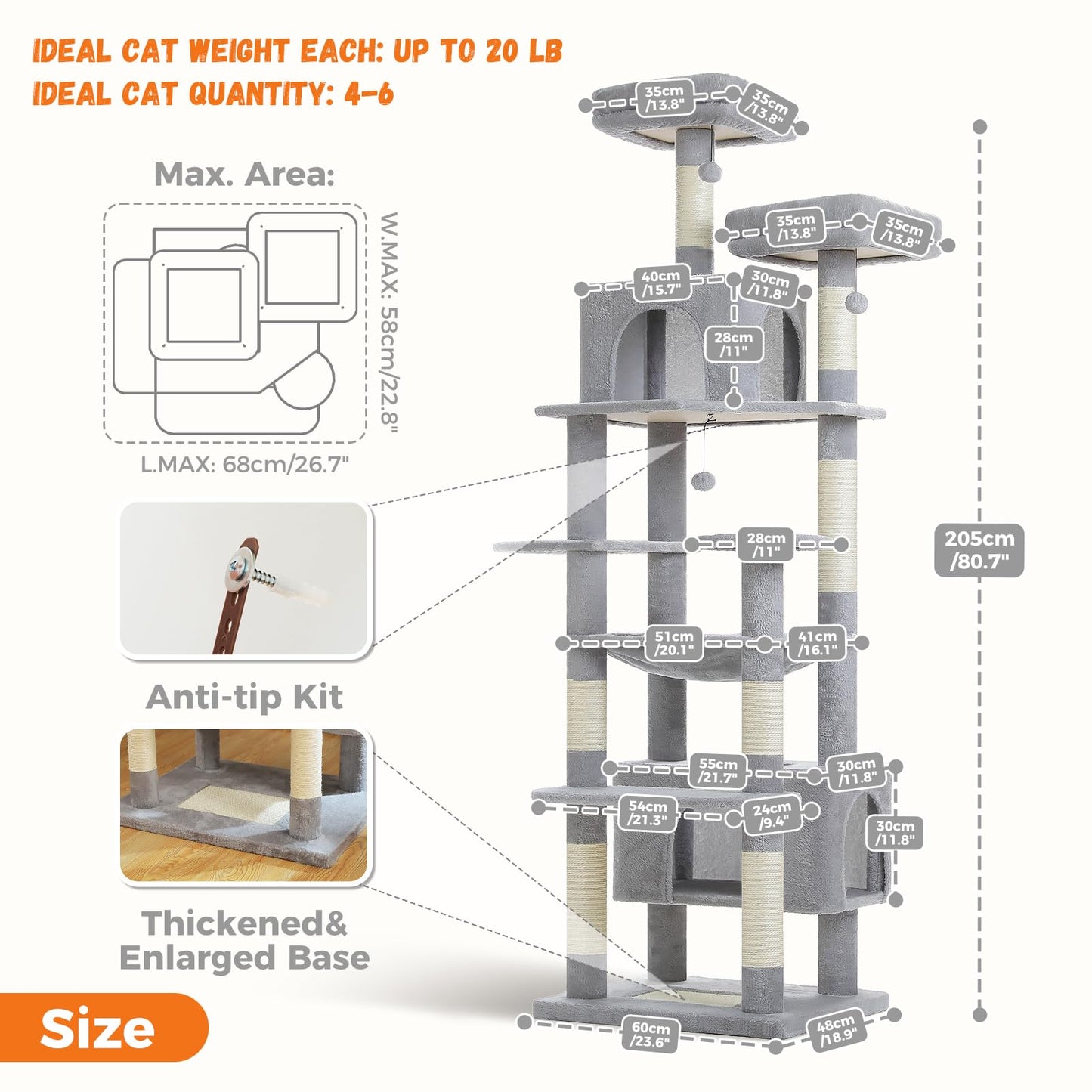 PAWZ Road Cat Tree for Large Cats, 184cm Tall Cat Tower with Large Condo