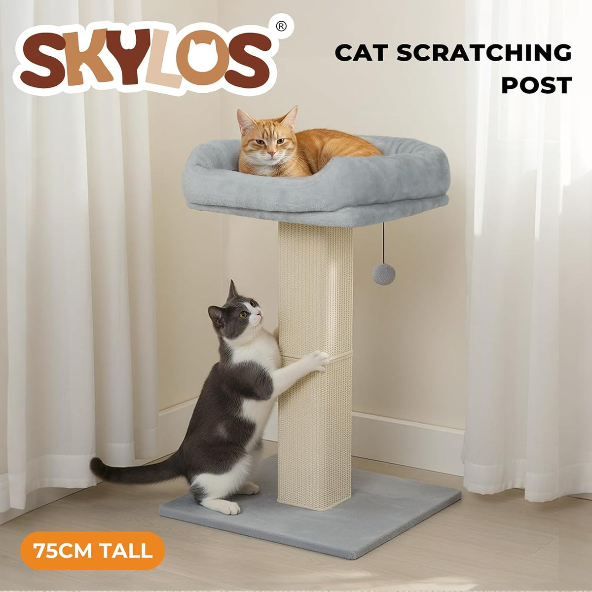 skylos 71cm Cat Scratching Post with Plush Resting Platform Natural Sisal,Anti-Tip,Easy Assembly,Grey