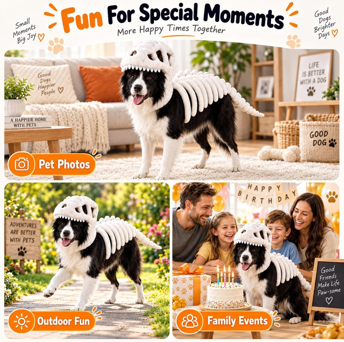 Dog Dinosaur Skeleton Halloween Costume, Plush Dino Pet Costume for Small, Medium, and Large Dogs, Funny Dog Cosplay Outfit for Halloween Party Decorations，Black：90cm