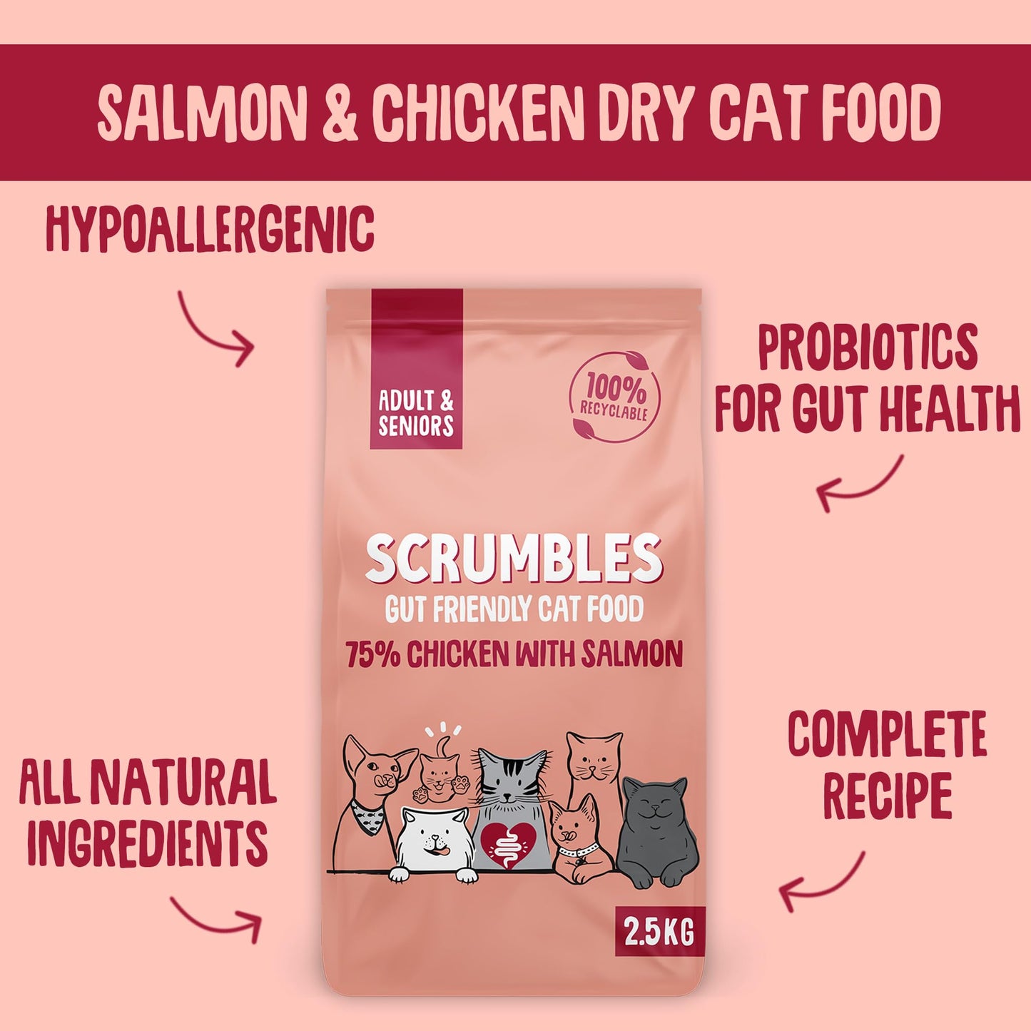 Scrumbles All Natural Dry Cat Food With 75% Chicken and Fresh Salmon, High Protein Food for Adults And Seniors