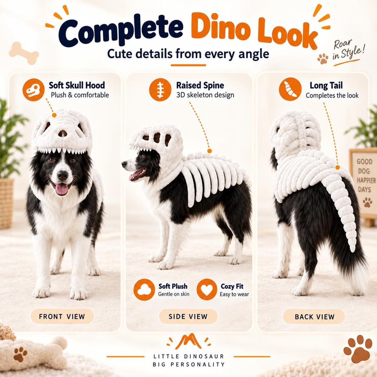 Dog Dinosaur Skeleton Halloween Costume, Plush Dino Pet Costume for Small, Medium, and Large Dogs, Funny Dog Cosplay Outfit for Halloween Party Decorations，Black：90cm