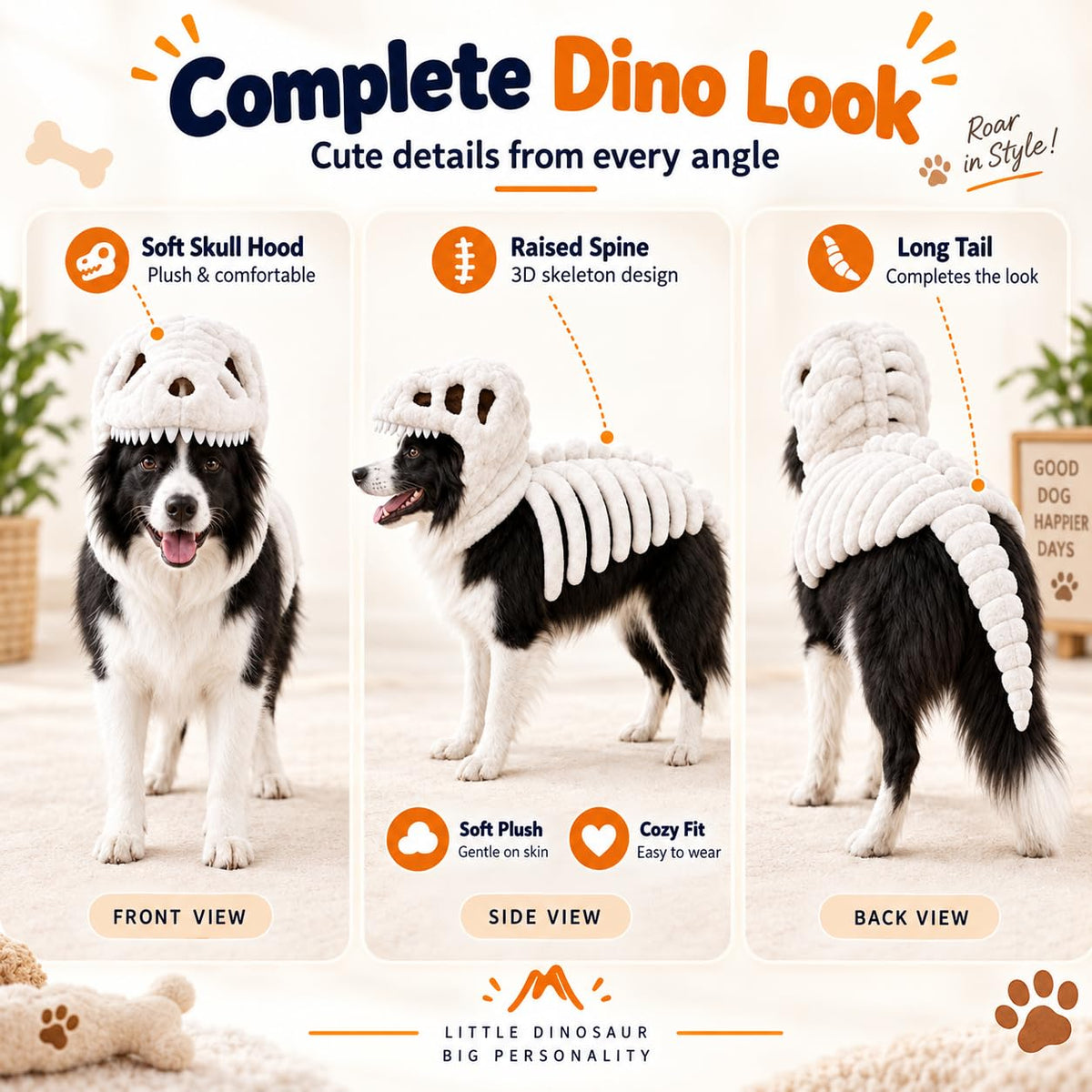 Dog Dinosaur Skeleton Halloween Costume, Plush Dino Pet Costume for Small, Medium, and Large Dogs, Funny Dog Cosplay Outfit for Halloween Party Decorations，Black：90cm