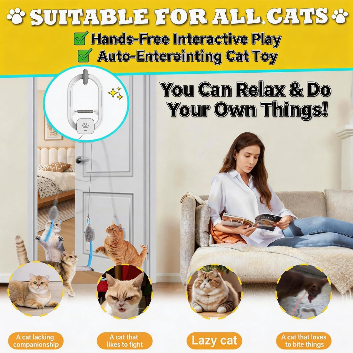 Interactive Cat Toy, Electric Cat Teaser, Door Clip, 2 Motion Modes,grey