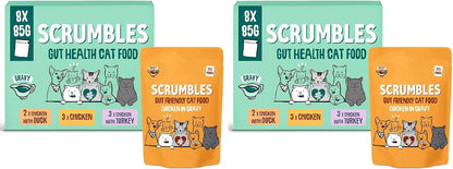 Scrumbles • Wet Cat Pouches • Gravy Fish • Hypoallergenic • All Lifestages • 2x Chicken with Tuna • 3x Chicken with Cod • 2xChicken with Salmon • 8 Pouches (85g) • 80%+ Meat • Prebiotics
