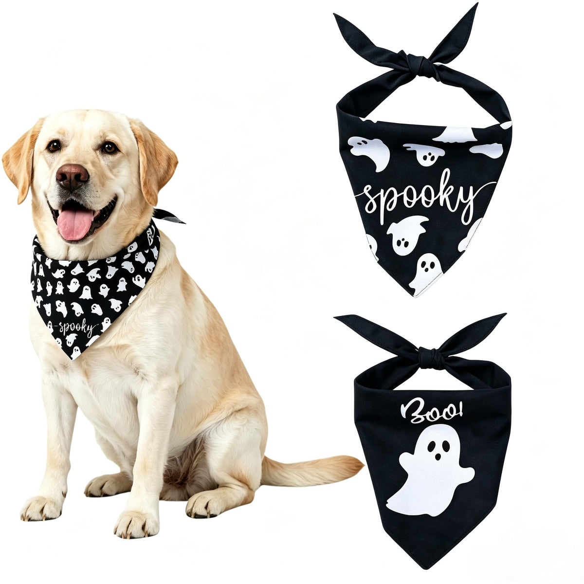 2Pcs Dog Halloween Costume, Pet Triangle Bandana, Black Orange Pumpkin Ghost Print Soft Bandanas, for Large Medium Small Dogs Cats, Halloween Cosplay Party Costumes, Holiday Photo Accessories