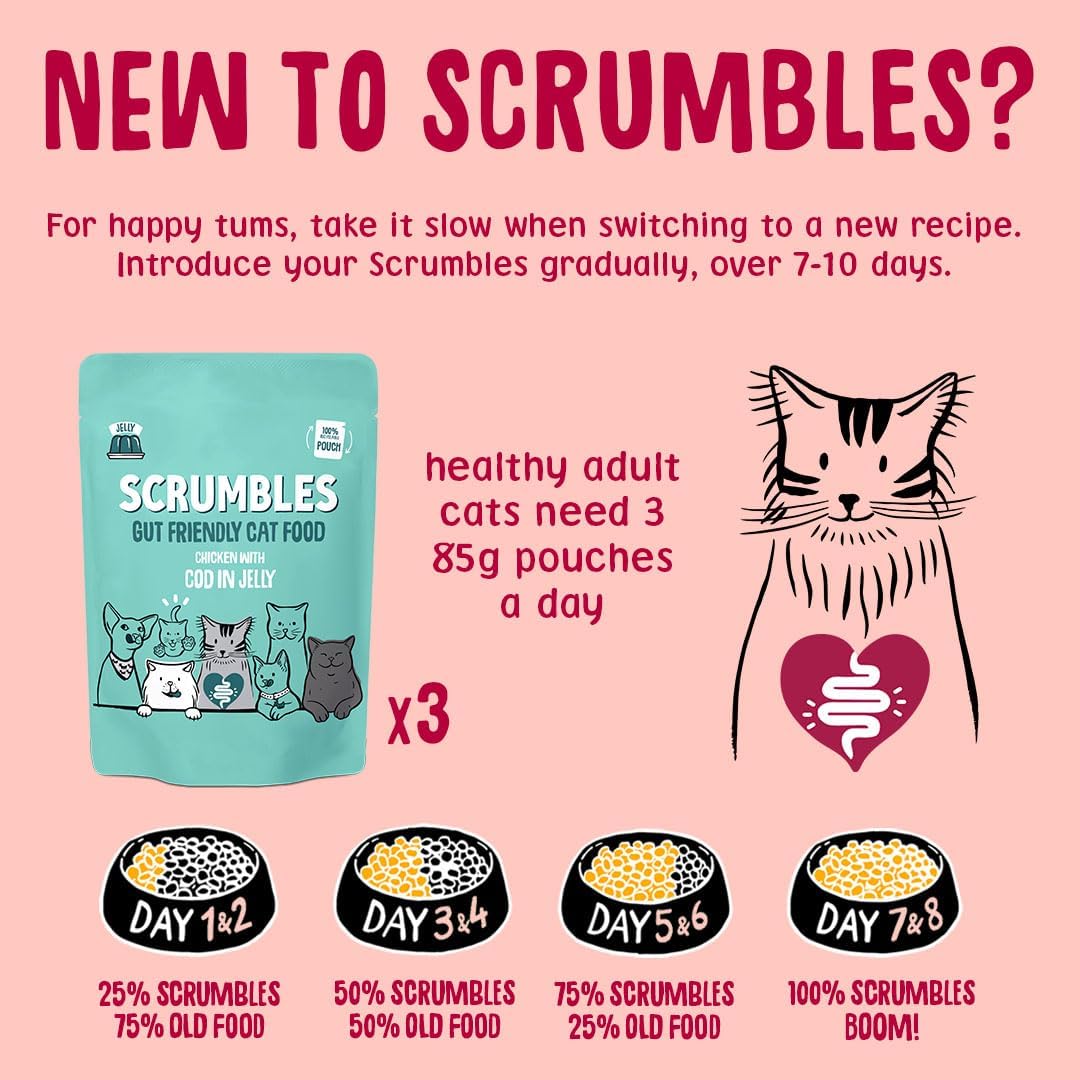 Scrumbles • Wet Cat Pouches • Gravy Fish • Hypoallergenic • All Lifestages • 2x Chicken with Tuna • 3x Chicken with Cod • 2xChicken with Salmon • 8 Pouches (85g) • 80%+ Meat • Prebiotics
