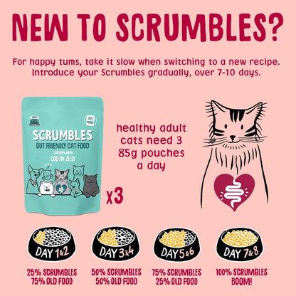 Scrumbles • Wet Cat Pouches • Gravy Fish • Hypoallergenic • All Lifestages • 2x Chicken with Tuna • 3x Chicken with Cod • 2xChicken with Salmon • 8 Pouches (85g) • 80%+ Meat • Prebiotics