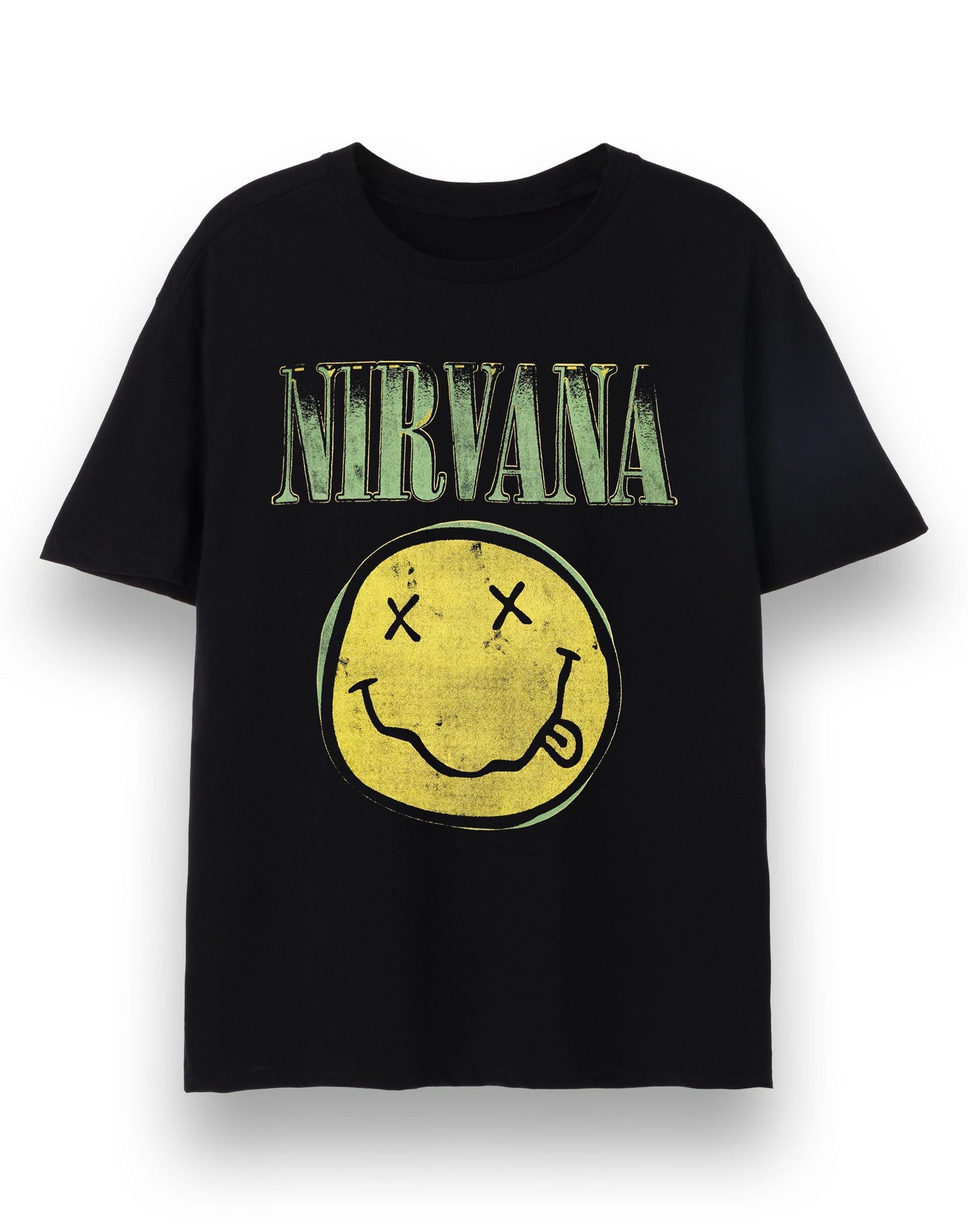 Nirvana Mens T-Shirt | Adults Short Sleeve Graphic Tee in Black Options| Classic Grunge Distressed Band Logo Print Apparel Top | Vintage Rock Band Merchandise Gift