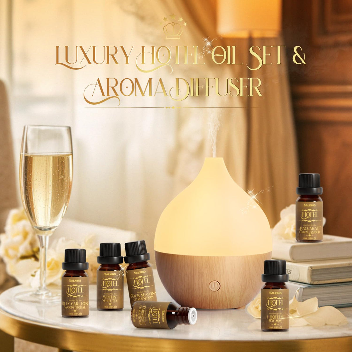 SALKING Essential Oil Diffuser, 100ml Small Aromatherapy Ultrasonic Cool Mist Humidifier with Warm White Lights, Auto Shut-Off Function, for Office Home