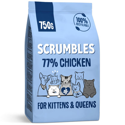 Scrumbles • Dry Cat Food • Hypoallergenic • All Lifestages • Chicken 74% • 700g Bag • Joint Care • Natural Complete Adult Recipe • Gut Friendly Prebiotics & Probiotics • Gluten Free