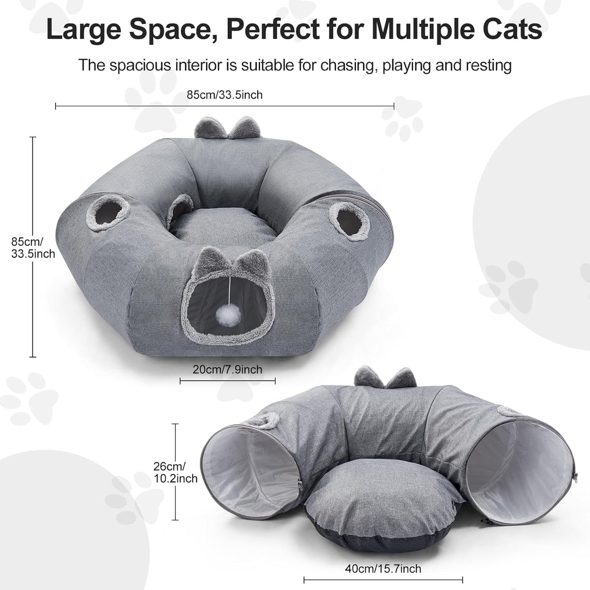 Odoland Cat Tunnel with Bed, Foldable Large Pet Donut Tunnel Bed in Linen