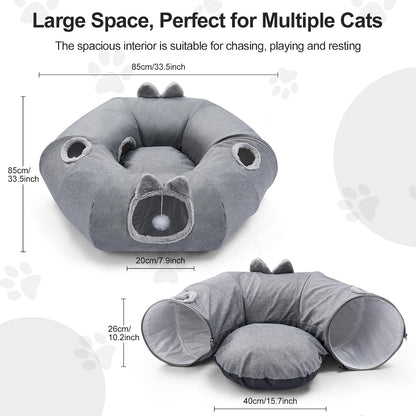 Odoland Cat Tunnel with Bed, Foldable Large Pet Donut Tunnel Bed in Linen