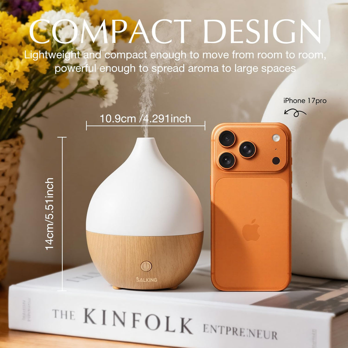 SALKING Essential Oil Diffuser, 100ml Small Aromatherapy Ultrasonic Cool Mist Humidifier with Warm White Lights, Auto Shut-Off Function, for Office Home