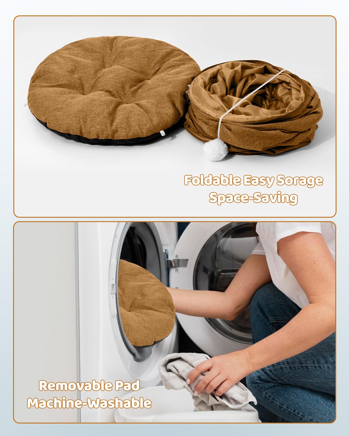 Odoland Cat Tunnel with Bed, Foldable Large Pet Donut Tunnel Bed in Linen