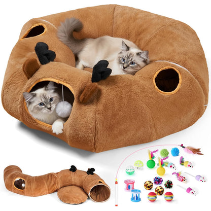 Odoland Cat Tunnel with Bed, Foldable Large Pet Donut Tunnel Bed in Linen