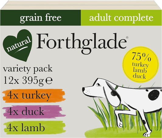 Forthglade Wet Dog Food Variety Pack - Grain Free & Hypoallergenic Dog Food, Adult 1 Year+, Turkey, Lamb & Duck with Vegetables, Complete Stomach Sensitive Meals, Natural Ingredients