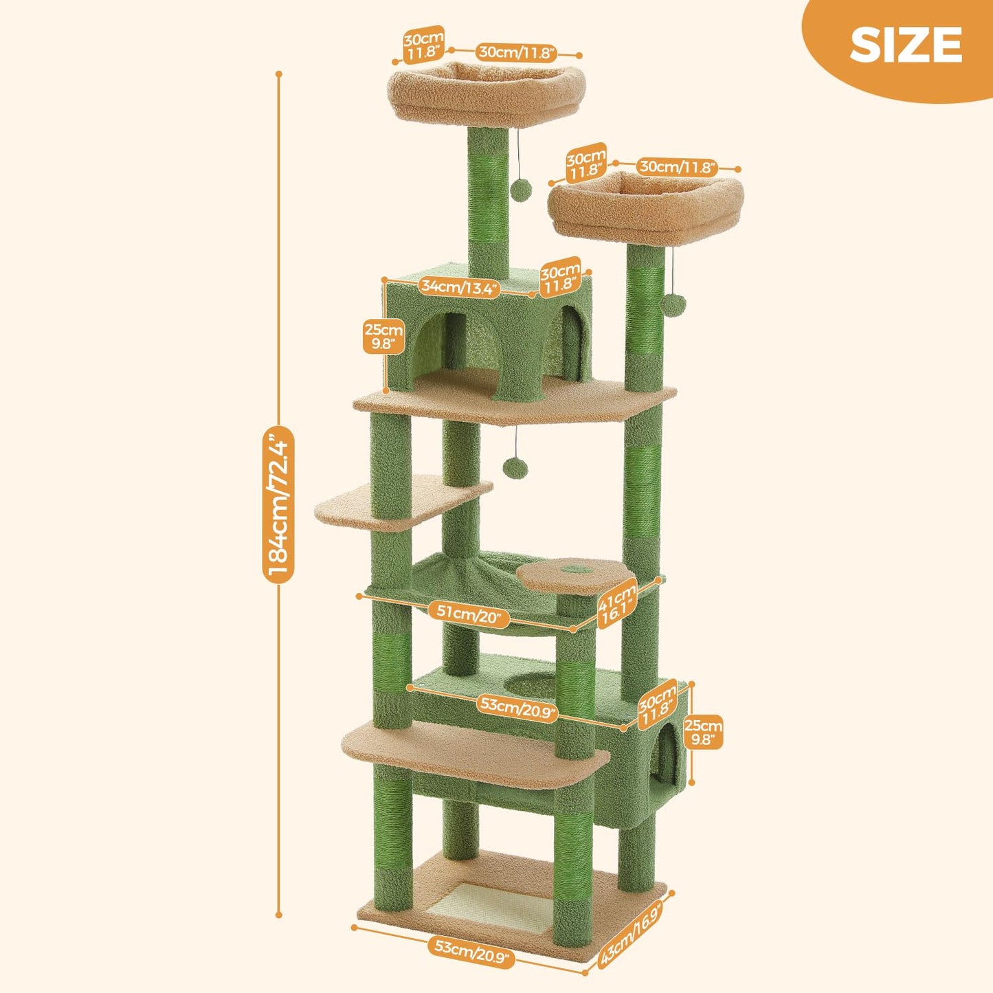 PAWZ Road Cat Tree for Large Cats, 184cm Tall Cat Tower with Large Condo