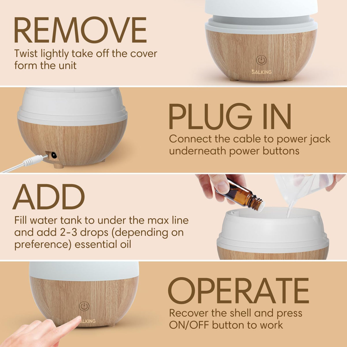 SALKING Essential Oil Diffuser, 100ml Small Aromatherapy Ultrasonic Cool Mist Humidifier with Warm White Lights, Auto Shut-Off Function, for Office Home