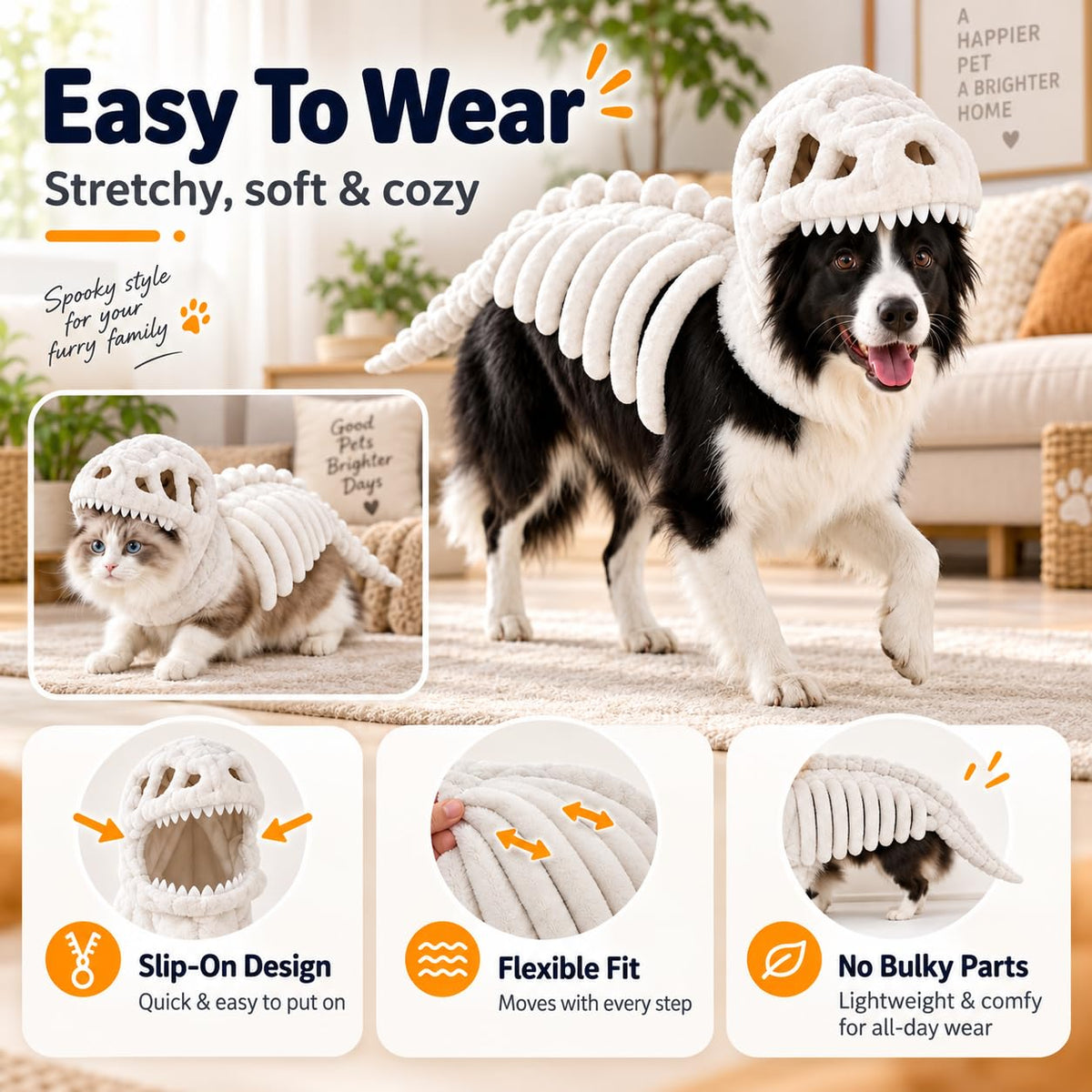 Dog Dinosaur Skeleton Halloween Costume, Plush Dino Pet Costume for Small, Medium, and Large Dogs, Funny Dog Cosplay Outfit for Halloween Party Decorations，Black：90cm