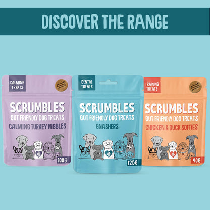 Scrumbles • Dog Treats • Hypoallergenic • Calming • All Lifestages • Turkey • 100g Bag • Gut Friendly Prebiotics • No Added Sugar