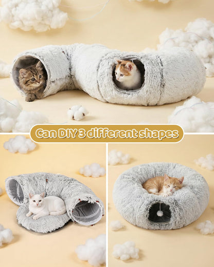 Odoland Cat Tunnel with Bed, Foldable Large Pet Donut Tunnel Bed in Linen