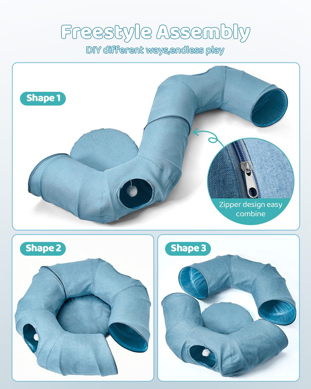 Odoland Cat Tunnel with Bed, Foldable Large Pet Donut Tunnel Bed in Linen
