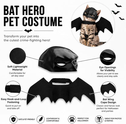 Halloween Cat Costume Bat Wings & Mask Pet Costume Accessory 2Pcs (Black)