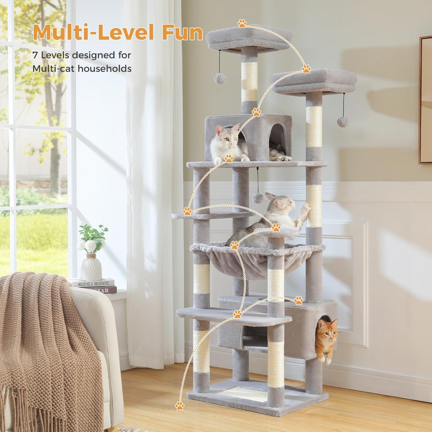 PAWZ Road Cat Tree for Large Cats, 184cm Tall Cat Tower with Large Condo