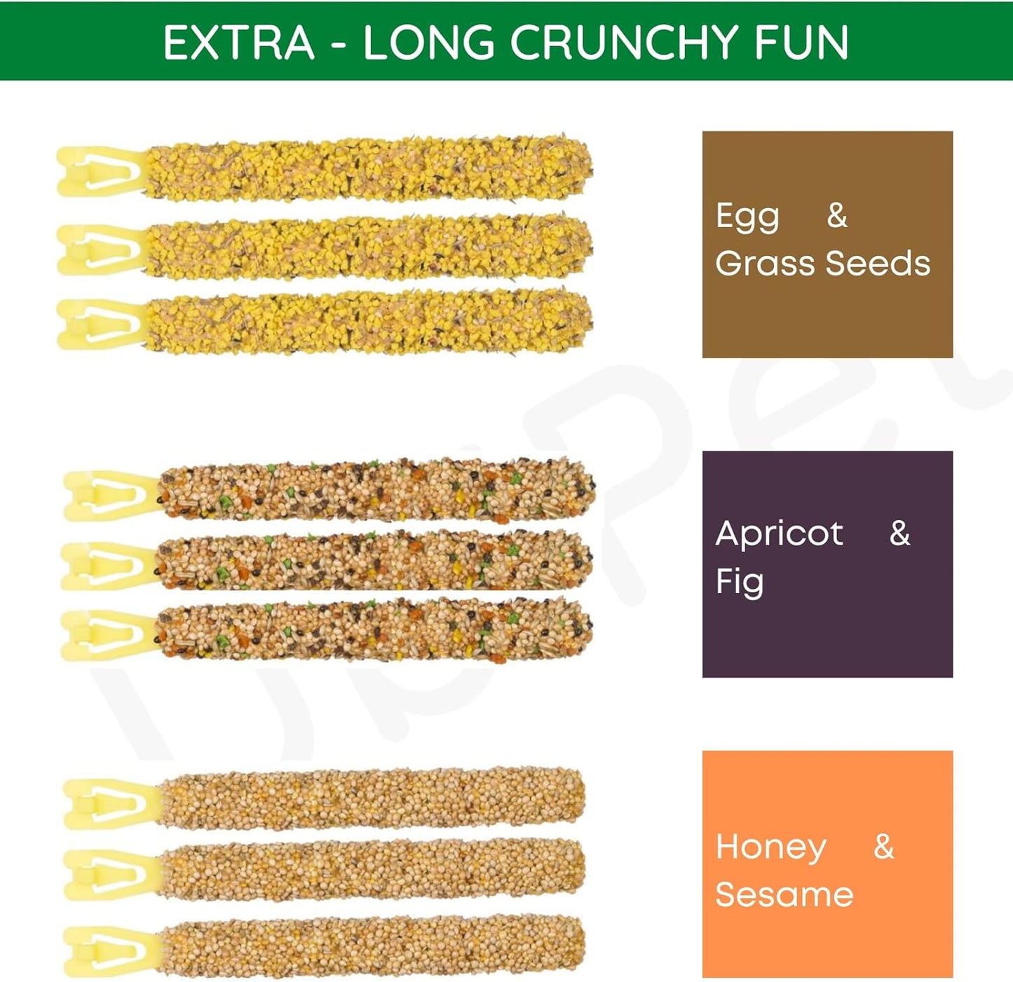 Bundle Budgies Crackers Trio-Mix including Egg, Grass Seeds, Apricot, Fig, Honey, Sesame - Pack of 3 (9 sticks in total - 270g) with Info Card
