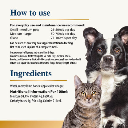 Chicken Bone Broth for Dogs & Cats - Free Range | 100% Real & Natural Liquid Bone Broth for Pets | High in Collagen & Protein for Healthy Joints, Gut, Digestion, Skin & Sickness Recovery