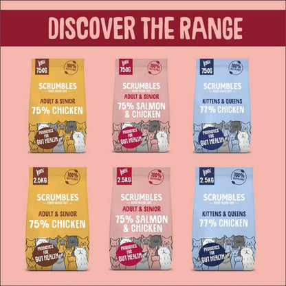 Scrumbles • Dry Cat Food • Hypoallergenic • All Lifestages • Chicken 74% • 700g Bag • Joint Care • Natural Complete Adult Recipe • Gut Friendly Prebiotics & Probiotics • Gluten Free