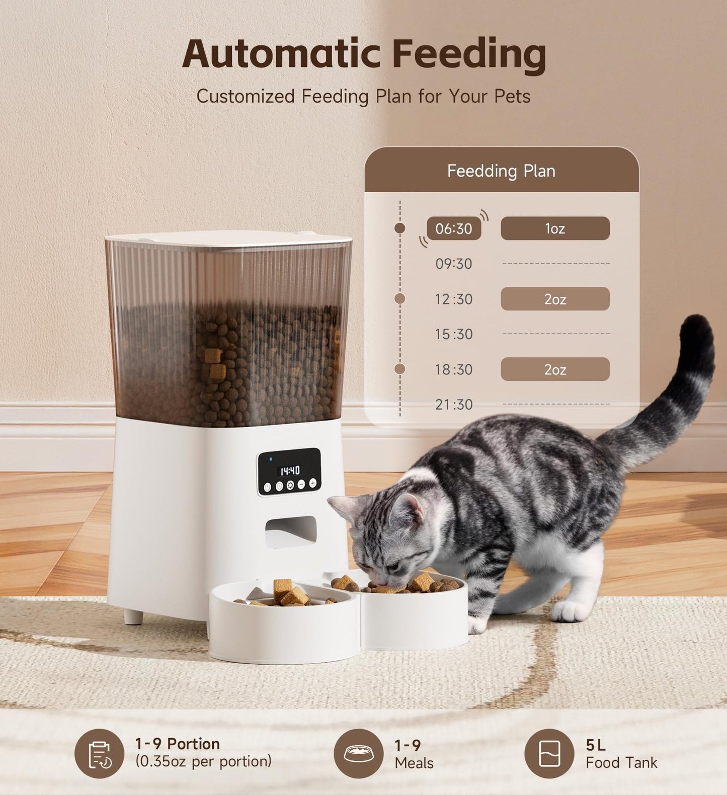 5L Cat Feeder Automatic with Timer, Automatic Cat Feeder, 1-9 Meals Per Day, Cats Food Dispenser with 2 Bowl, Auto Pet Feeder for 2 kittens and Small Dogs, Dual Power Supply