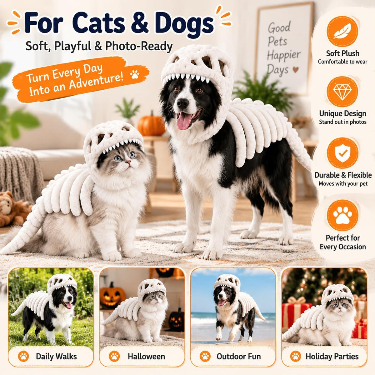 Dog Dinosaur Skeleton Halloween Costume, Plush Dino Pet Costume for Small, Medium, and Large Dogs, Funny Dog Cosplay Outfit for Halloween Party Decorations，Black：90cm
