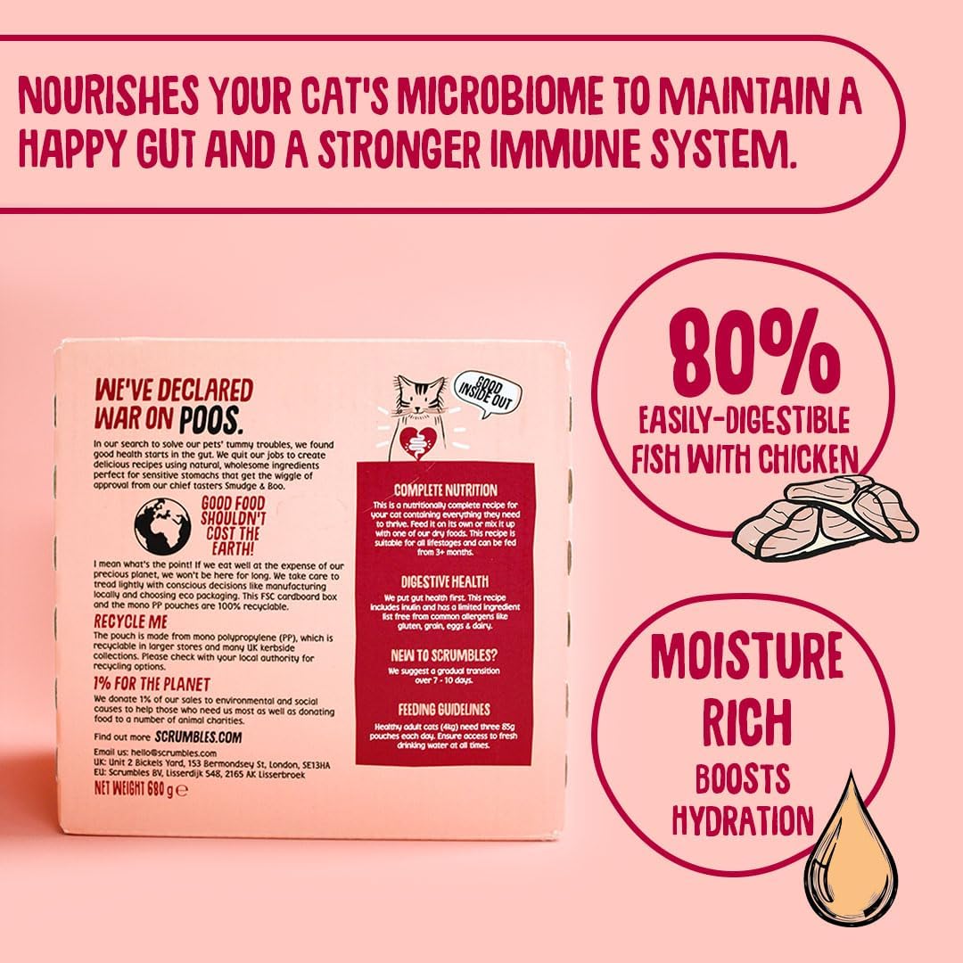 Scrumbles • Wet Cat Pouches • Gravy Fish • Hypoallergenic • All Lifestages • 2x Chicken with Tuna • 3x Chicken with Cod • 2xChicken with Salmon • 8 Pouches (85g) • 80%+ Meat • Prebiotics